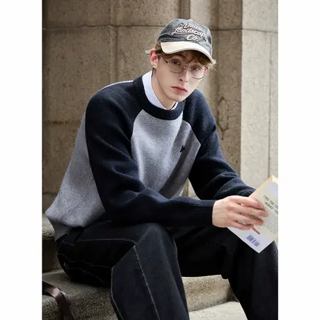 唐狮秋冬季毛衣男圆领套头插肩袖字母时尚百搭毛线衫宽松上衣TM图片