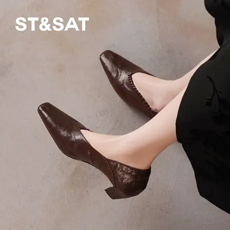 星期六乐福鞋女2026新款法式复古风真皮方头粗跟舒适软底深口单鞋商品大图