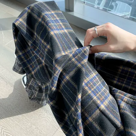 毛呢阔腿裤女2023年秋冬新款高腰宽松直筒垂感蓝格加厚呢子休闲裤商品大图