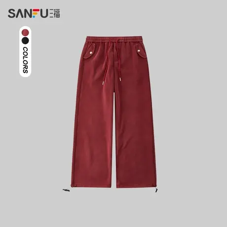 三福2023冬男士口袋按扣重磅卫裤 街头潮流宽松直筒长裤477162商品大图