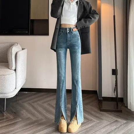开叉微喇牛仔裤女2023春季新款显瘦高腰小个子显高阔腿拖地喇叭裤商品大图