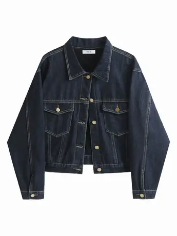 加绒牛仔外套女短款秋冬复古百搭设计感加厚夹克深蓝色宽松上衣潮商品大图