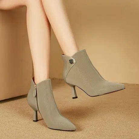 2023年新款春秋细高跟全真皮尖头超软舒适百搭气质纯色透气女短靴图片
