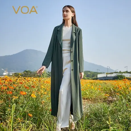 VOA新品真丝30姆米重磅青田深松绿西装领单排扣绑带蚕桑丝外套图片
