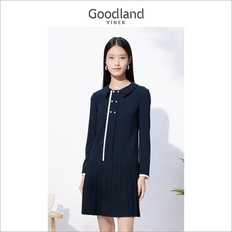 Goodland美地女装冬季长袖气质衬衫裙拼接百褶连衣裙图片