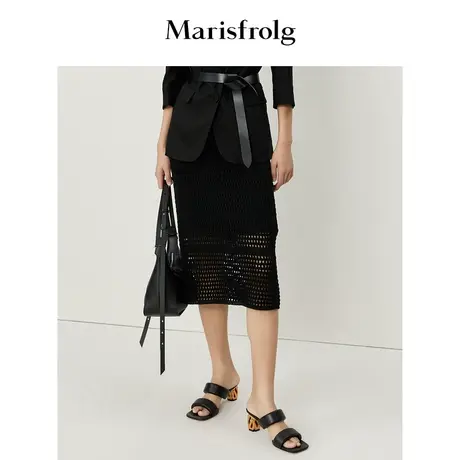 玛丝菲尔夏新款黑色镂空网眼设计清凉透气时尚弹力显瘦半身裙商品大图