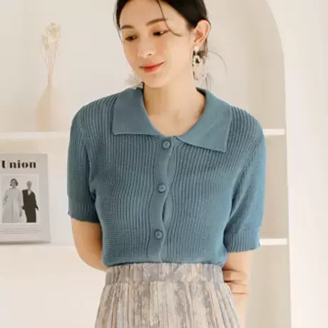 桔熊夏季通勤休闲透肤针织衫翻领外穿短袖薄款上衣女装大码FA2564图片