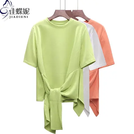 夏季新款韩版纯棉宽松休闲大码圆领绑带短袖体恤上衣纯色女装T恤商品大图