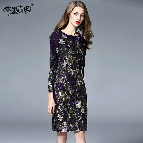 【1件7.9折】春新品修身圆领蝴蝶结一步裙时尚印花蕾丝连衣裙图片