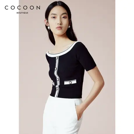可可尼COCOON商场同款时尚针织衫夏新款女黑白拼色短款简约针织衫商品大图