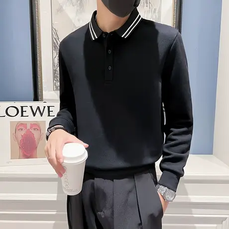 秋冬季时尚休闲简约男士条纹翻领polo衫套头学生ins潮牌长袖体恤商品大图