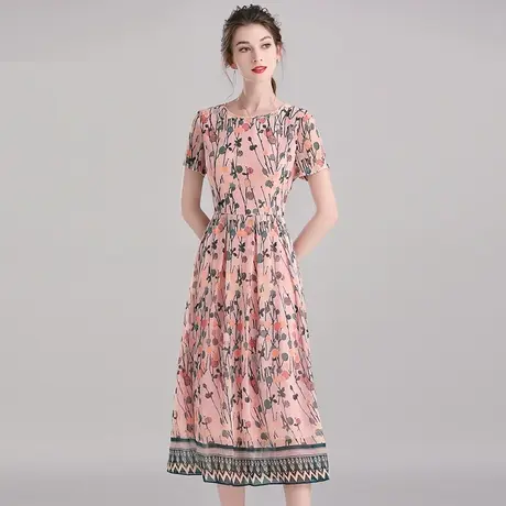 【1件7.9折】夏季新款百搭显瘦中长款大摆裙时尚花色短袖连衣裙商品大图