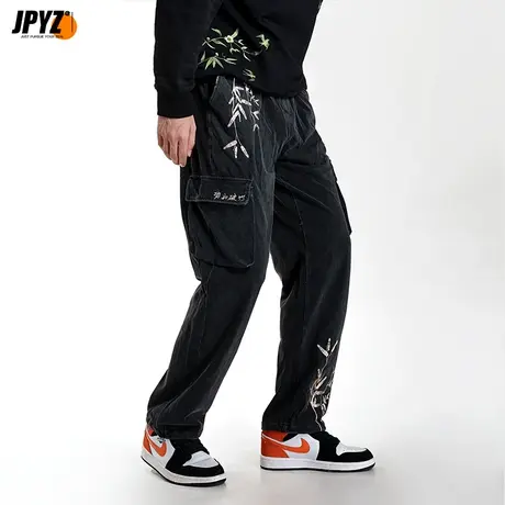 纯棉裤子男款夏季休闲长裤潮流直筒竹子刺绣男士春秋季大码运动裤商品大图