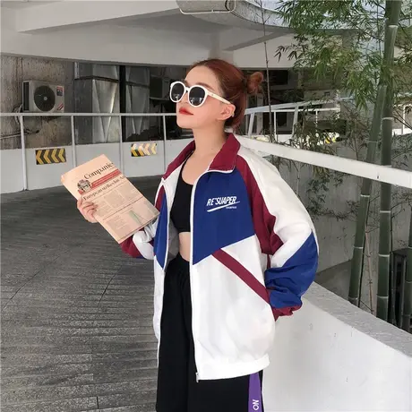 秋季日系街头嘻哈bf夹克男青年学生潮流拼色休闲上衣港风运动服女商品大图