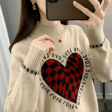 时尚设计款爱心棋盘格提花针织衫2025年新款半高领毛衣女打底衫图片