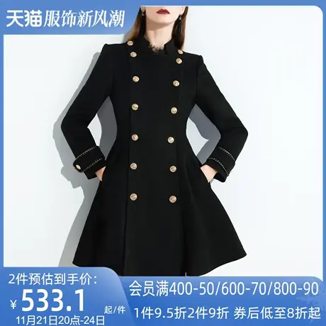 AUI小个子黑色裙摆毛呢外套女冬2023新款复古气质修身呢子大衣厚图片