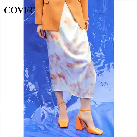 COVER春季数码印花立体褶皱侧开叉半裙图片