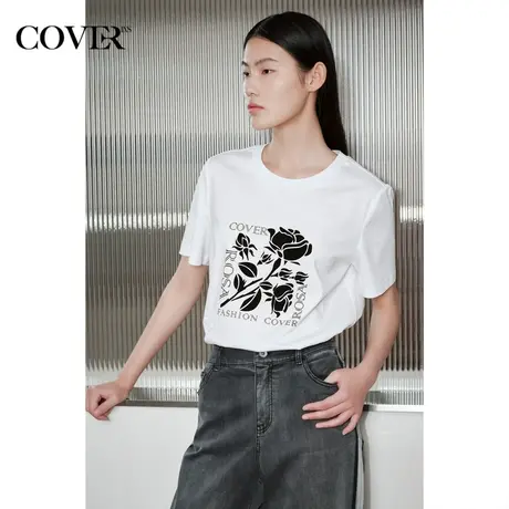 COVER夏季植绒印花工艺丝光棉T恤图片