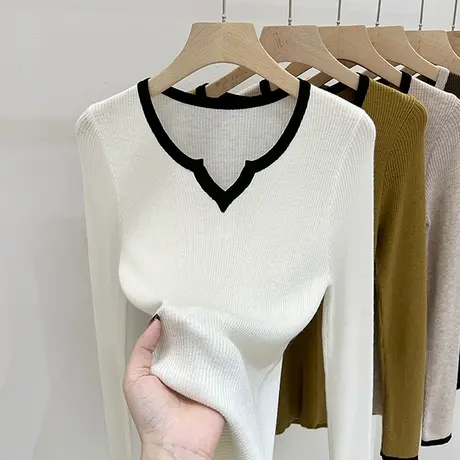 性感V领针织衫女春秋2024新款时尚洋气撞色打底衫内搭显瘦上衣ins商品大图