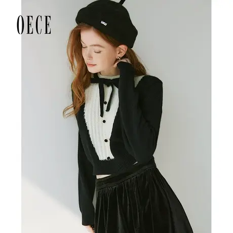 Oece复古撞色毛衣女2024春冬季新款女装毛针织衫上衣图片