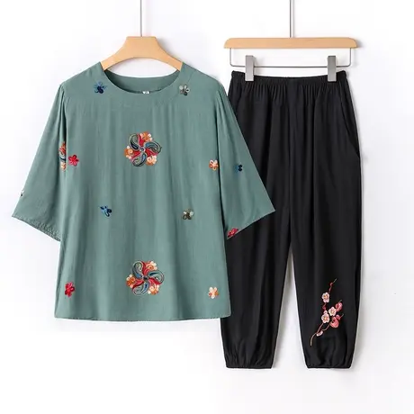 中老年女装妈妈夏装洋气奶奶棉绸套装老人太太衣服民族风t恤上衣图片