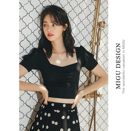 弥古黑色方领法式上衣女夏泡泡袖短袖t恤复古修身掐腰冰丝针织衫商品大图