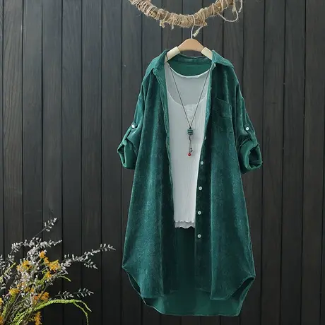 中长款秋季薄款外套文艺纯色条绒衬衣女长袖衬衫宽松休闲外搭开衫图片