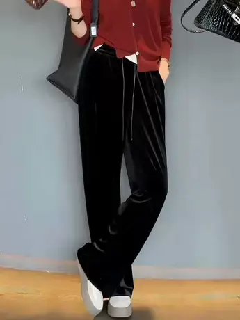 秋季新款黑色金丝绒阔腿裤高腰宽松休闲拖地裤直筒裤慵懒垂感裤女商品大图