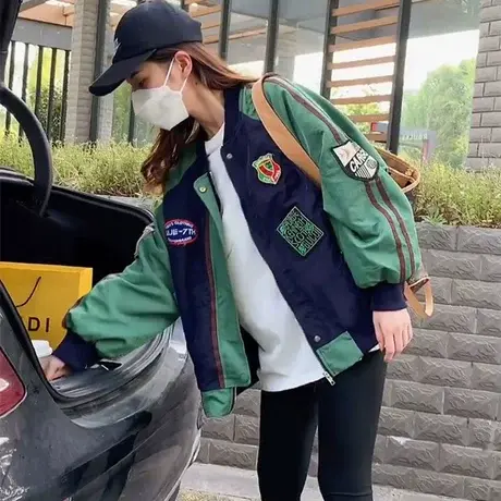 潮牌撞色拼接棒球服女外套2023秋新款小个子拉链开衫夹克徽章风衣商品大图