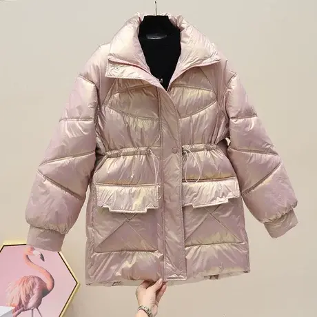欧货亮面收腰中长款羽绒棉服女冬季2023新小个子加厚保暖棉衣外套图片