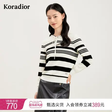 珂莱蒂尔女装2023秋季新款通勤法式气质连帽设计套头条纹针织衫图片