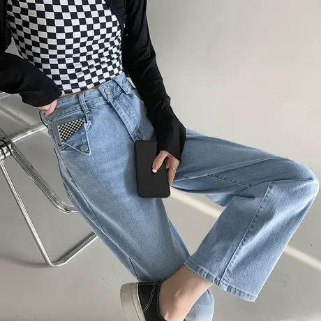 高腰牛仔裤女春秋2023年新款九分裤子宽松显瘦小个子直筒阔腿裤潮图片