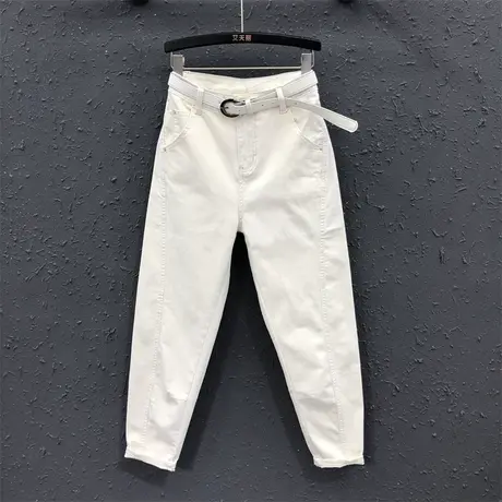 简约风女士杏色牛仔哈伦裤女薄款2025夏季新款高腰宽松萝卜老爹裤商品大图