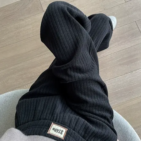 黑色麦穗纹针织裤女秋冬2023年新款高腰宽松休闲加厚雪尼尔阔腿裤商品大图