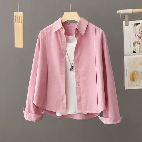 纯棉粉色衬衫女外搭短款小个子上衣2024年新款春秋衬衣外套开衫潮商品大图