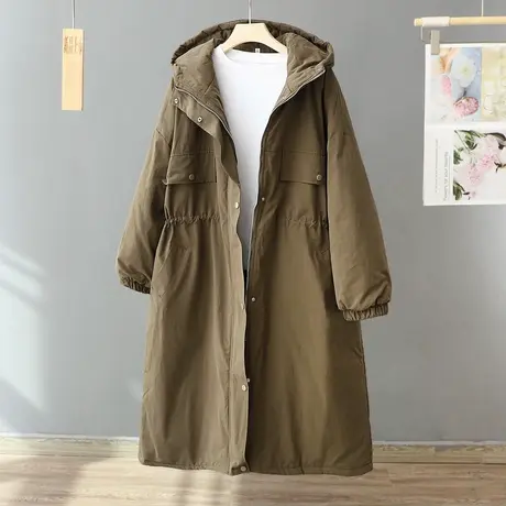 2023年冬装新款文艺纯色连帽保暖厚外套棉衣宽松大码过膝棉服棉袄图片