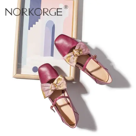 2025新款秋法式复古酒红色玛丽珍单鞋女鞋真皮方头蝴蝶结高跟鞋女商品大图