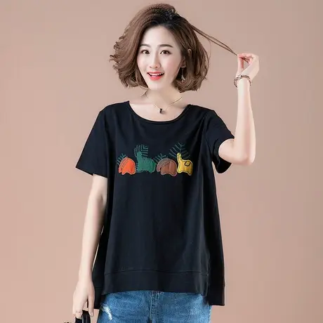 夏季宽松短袖T恤女全棉加肥加大码女装中年妈妈中长款文艺体恤女商品大图