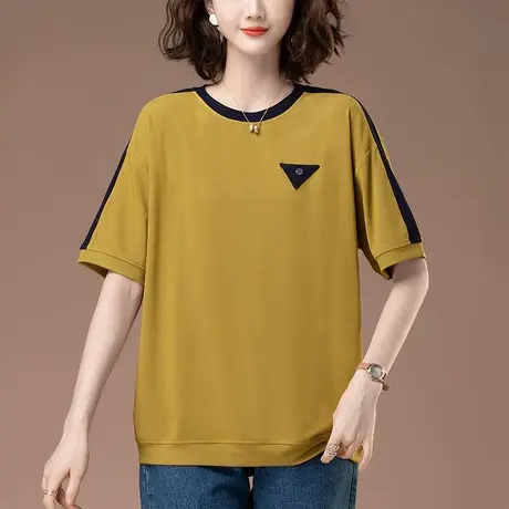 圆领短袖T恤女夏季新款宽松加肥加大码女装中年妈妈纯棉显瘦上衣图片