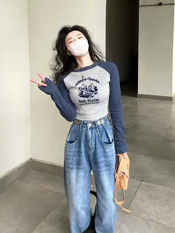 辣妹修身t恤女正肩秋季2024新款显瘦紧身插肩长袖上衣内搭打底衫图片