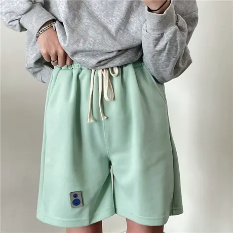 红续绿色休闲短裤女2023夏季阔腿宽松薄款运动学院风小个子五分裤图片