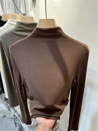 羊绒半高领针织T恤女长袖2023秋季新款内搭褶皱修身上衣打底小衫图片