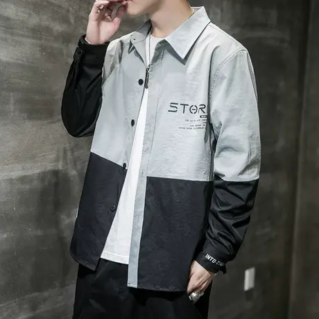秋季男士潮牌痞帅翻领衬衫男生秋天撞色排扣外套春秋款男装上衣服图片