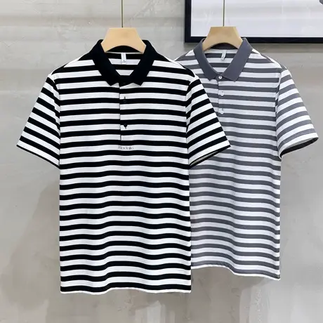 丝光棉凉感男士条纹Polo衫商务休闲翻领短袖T恤男百搭保罗衫上衣商品大图