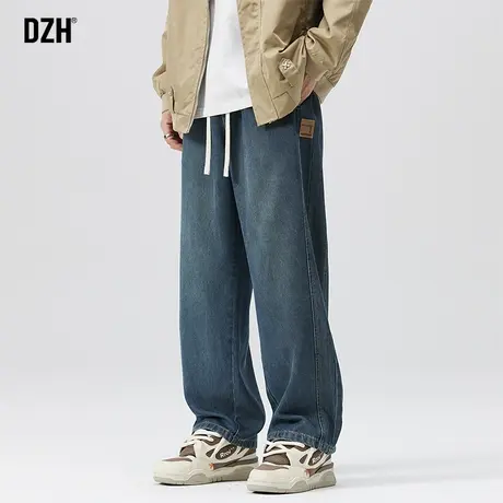 男士蓝色垂感牛仔裤男秋季宽松直筒松紧腰裤子2023新款阔腿裤长裤商品大图