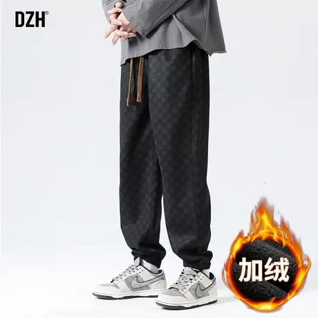 男生加绒裤子男款美式高街休闲棋盘格运动裤百搭2024新款卫裤潮牌商品大图