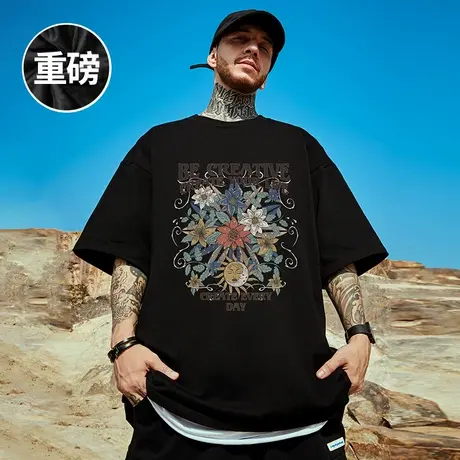 美式重磅高街潮牌宽松T恤胖子短袖男五分袖纯棉肥佬大码男装夏季图片