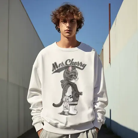 oversize港风圆领卫衣男潮牌ins重磅加肥加大码男装春秋加绒无帽商品大图