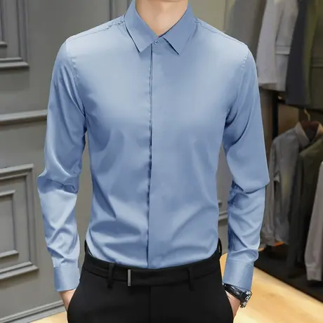 白衬衫男长袖修身商务正装秋季潮流黑色高级感抗皱春秋衬衣服男士图片