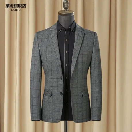 2020秋季新款休闲小西服男士修身单件上衣中年商务格子西装外套男商品大图